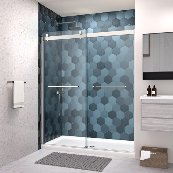 JINXUNDA Smooth Sliding Glass Shower Door, Brushed Nickel Finish